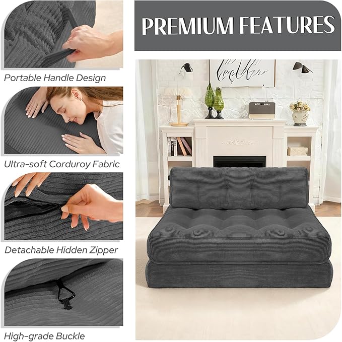HABUTWAY Folding Sofa Bed, Foldable Floor Sofa Lounge w/Dual-Pillow & Handle, Convertible Sleeper Chair Bed w/Back Support for Living Room, Bedroom, Apartment, Office, Grey, Full