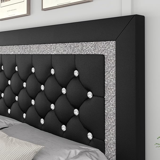Twin Bed Frame, Faux Leather Platform Bed with Upholstered Diamond Headboard, Mattress Foundation with Strong Wooden Slats Support, No Box Spring Required, Easy Assembly, Black