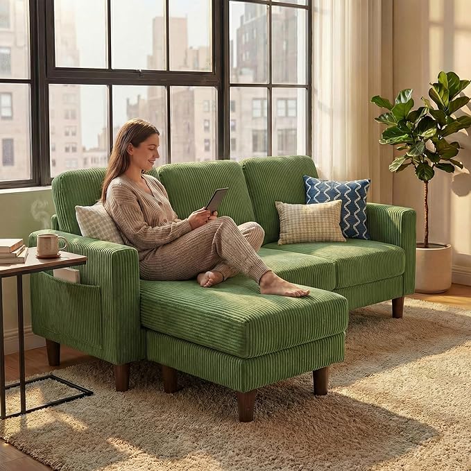 YESHOMY L-Shaped Sofa Couch, Small Couch with Reversible Chaise and Ottoman, Convertible Sectional Comfy 3 Seat Sofas with Side Pockets for Apartment and Living Room (Olive Green)