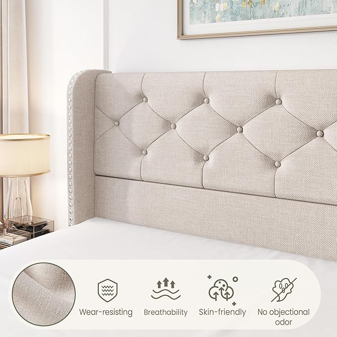LARMACE Full Size Bed Frame with 4 Storage Drawers and 47.2" Tall Wingback Headboard Linen Upholstered Platform Bed Frame Tufted Beds with Wooden Slats Support, Easy Assembly, Beige