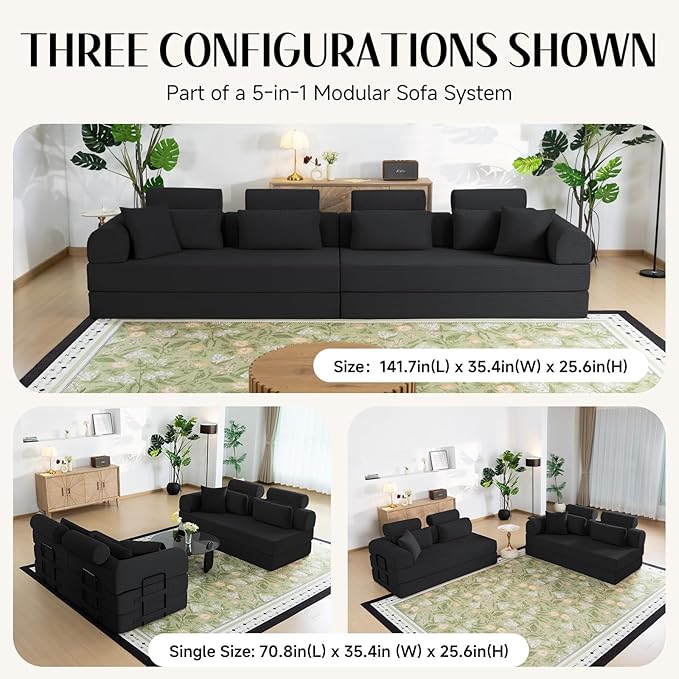 106" L-Shaped Modular Boneless Couch, 2-Piece System (2×70.87"), Convertible Sectional to 141.7" Straight Sofa, Corduroy Couch in a Box, Headrest & Back Pillows for Living Room, Black