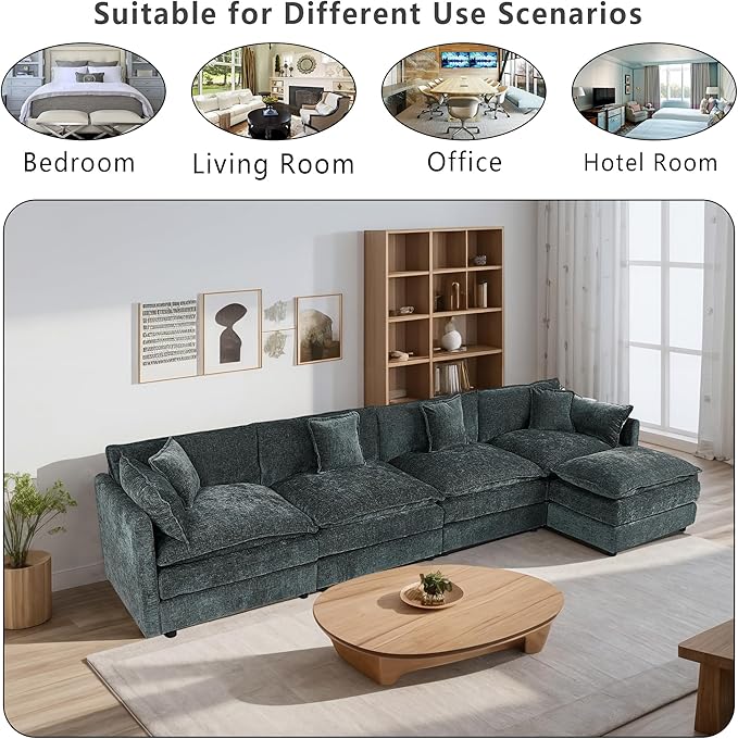 Setawix Deep 4 Seater Couch with Ottoman,147.22" L-Shaped Cloud Couches for Living Room,Chenille Cloud Sofa Couch with Deep Seat,Modular Sectional L Shape 4 Seat Sofa for Bedroom (Grey, 4+1)