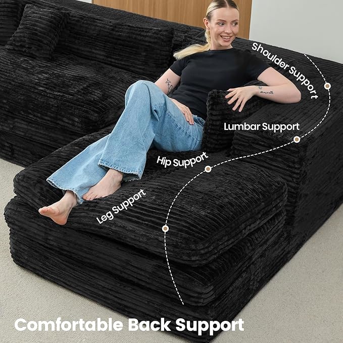 Belffin Boneless Cloud L Shaped Couch with Deep Seat Plush Corduroy Boneless Modular Cloud Sectional Couches for Living Room. Right Facing Chaise. Black Sofa