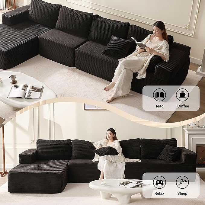 138" Boneless Couch with Deep Seat, Set of Modular Sectional Sofa, Cloud Sectional Couch for Living Room, No Assembly Required, Corduroy, 4 Seater L-Shape Left, Black