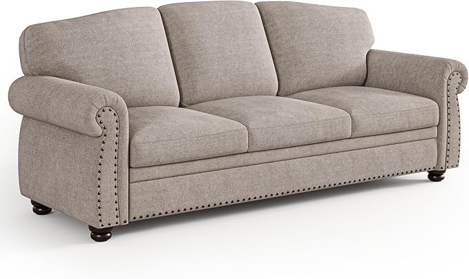 ONBRILL 90 Inch Rolled Arm Sofa for Living Room, Deep Seat Nailhead Trim Couch, Comfy 3 Seater Chenille Couch w/Wooden Leg, Springs Seat Cushion, Large Traditional Sofa for Farmhouse, Beige