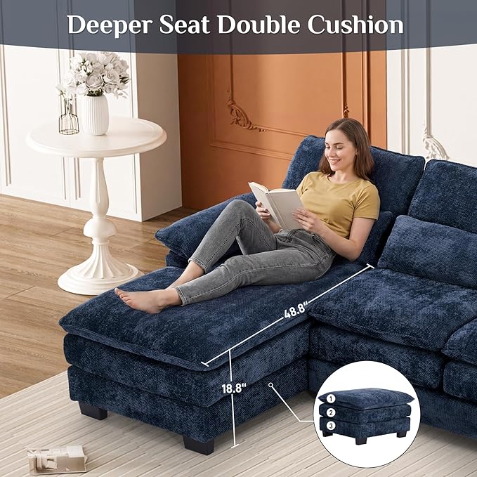 113" Cloud Couch Sectional Modular Sofa U Shaped Sectional Couches for Living Room Comfy 5-Seater Deep Seat Couch Chenille Cloud Sectional Sofa with Movable Ottoman & 4 Pillows, Blue