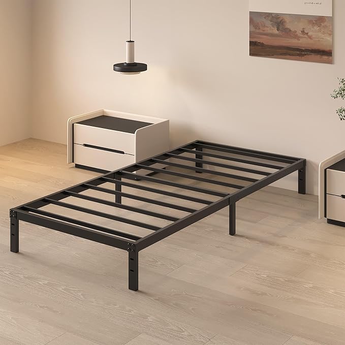 HOBINCHE 10 Inch Twin Size Bed Frame - No Box Spring Needed Heavy Duty Metal Platform Mattress Foundation with Steel Slats, Non-Slip Noise Free Easy Assembly Black Bedframes