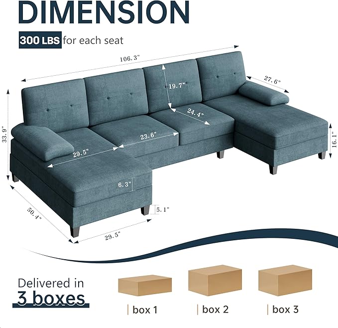 Meilocar Sectional Couches for Living Room, 106 in U Shaped Couch Soft Sectional Sofa with Double Chaise, Comfortable 4 Seat Sofa Couch (Blue) | Breathable Fabric, Double Chaise