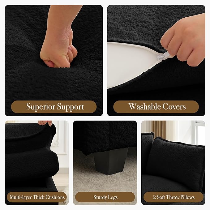 ROWHY 112'' Modular Sectional Cloud Couch with Movable Ottoman, 4 Seat Modern Chenille Sofa with 2 Throw Pillows, Deep Seat L Shaped Couch for Living Room Bedroom Apartment, Black | Arrange Freedom, Pet-Friendly Fabric, Sturdy Frame, Ultimate Comfort, ...