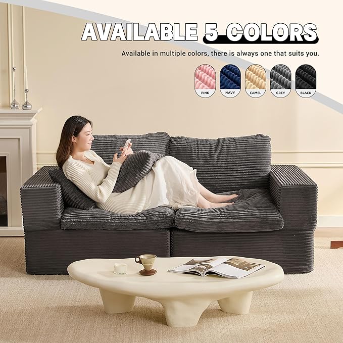 74.8” Set of Cloud Couch, Modular Loveseat Sofa, Convertible Sofas Bed, Deep Seat Sofa, Cozy Sofa for Living Room, Office and Bedroom, Corduroy, Gray
