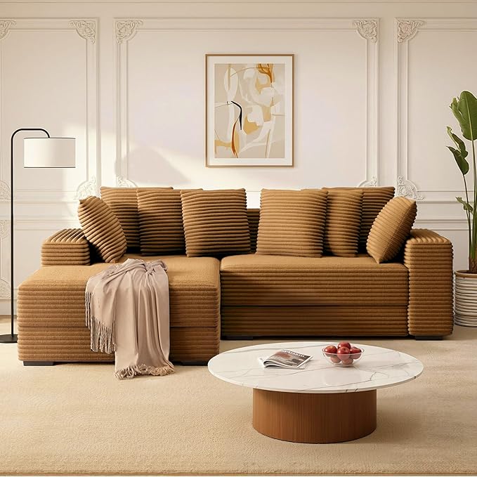 111'' Modular Sectional Cloud Couches with Chaise, L Shaped Extra Large Sleeper Couch Reversible Fluffy Corduroy with 8pcs Pillows for Living Room(Brown Left Facing Chaise)