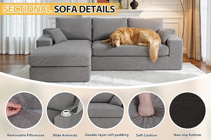 HABUTWAY 101'' Modular Sectional Sofa, Cloud Sectional Couches for Living Room, Comfy Boneless Couch with Deep Seat, Modern L-Shape Sofa with Chaise, No Assembly Required (Grey, Left Facing Chaise)