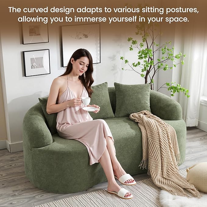 65" Boneless Loveseat Sofa Couch, Modern Comfy Curved Cloud Sofa, Chenille Deep Seat Love Seat Couches for Living Room, No Assembly, Green