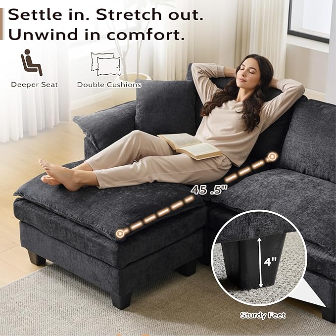 138" Modular Sectional Couch, U Shaped Comfy Cloud Couch with Ottoman and Throw Pillows, Modern Chenille Sofa Sleeper Deep Seat Sofa Couched for Living Room,Apartment(Grey)