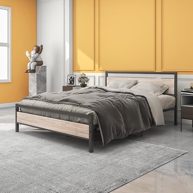 BOFENG Queen Bed Frames with Wood Headboard,Heavy Duty Platform Bed Frame No Box Spring Needed,Farmhouse Bed Steel Slat Mattress Foundation Sturdy Square Pipe Design Home Furniture