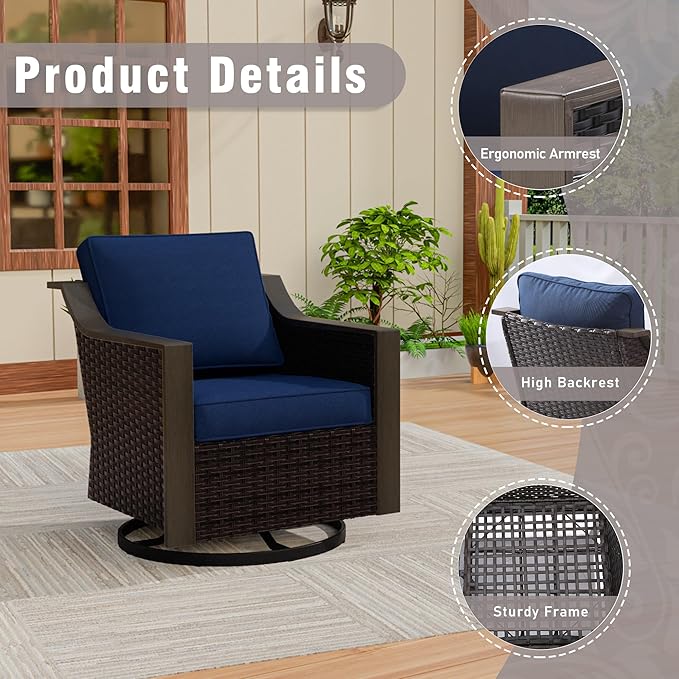 4 Piece Wicker Patio Conversation Set, All-Weather Use Outdoor 2 PE Rattan Swivel Chair, 2 Ottoman, Removable Water-Resistant Cushion, Ideal for Porch, Backyard, Balcony, Poolside, Blue