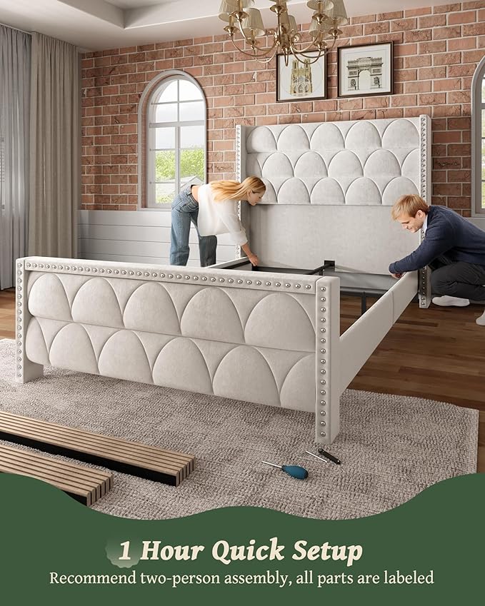 OHOHOLIVE Queen Size Bed Frame with 56" Headboard - Velvet Upholstered Wingback Platform Bed Frame, Noise Free, Sturdy Wooden Slat Support (Cream, Queen)