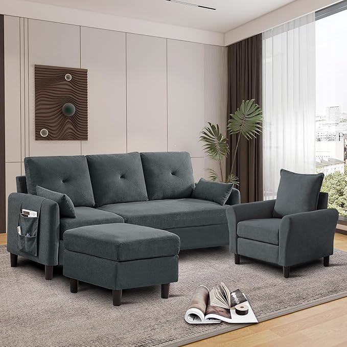 Convertible Sectional Sofa, 77" Small L Shaped 3 Seat Couch with Reversible Storage Chaise, and Accent Chair Set Modern Polyester Fabric Sofa Couches for Living Room, Apartment, Dark Grey