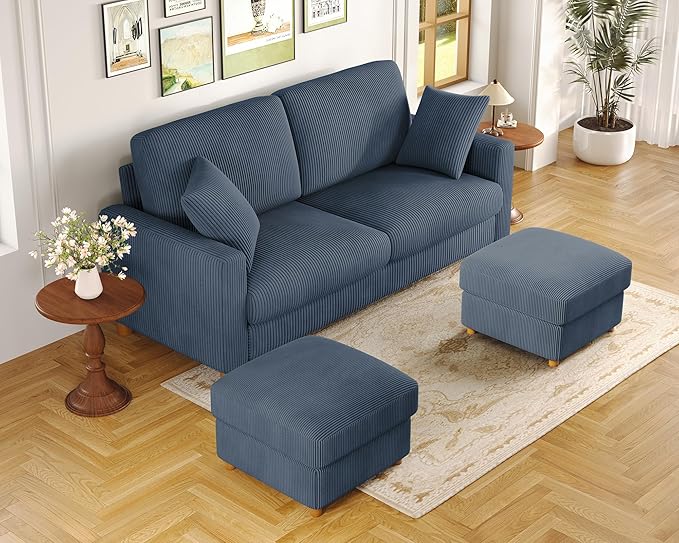 Kidirect 70in U Shaped Couch, Modular Sofa No Tool Assembly, Comfy Sectional Couches for Living Room 21in Deeper Seats, Corduroy Sofas for Living Room with 2 Pillows, Loveseat Sofa Set, Blue Couch | Comfy Corduroy, Oversized 70in Couch, 700LB Tough, To...