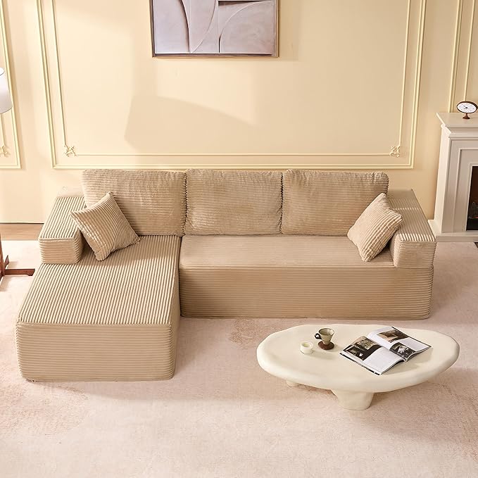 107" Boneless Couch with Deep Seat, Set of Modular Sectional Sofa, Cloud Sectional Couch for Living Room, No Assembly Required, Corduroy, L-Shape Left, Camel