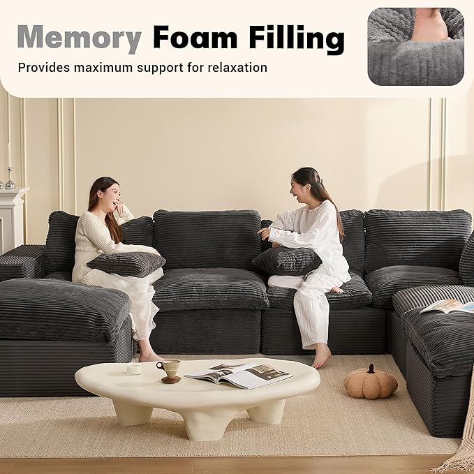 106.3” Sectional Couches for Living Room, Cloud Couch, Modular Sectional Sofa, Convertible Sofas Bed, Deep Seat Sofa, U Shaped Cozy Sofa Furniture Set, Corduroy, Grey