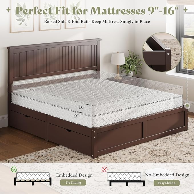 AMERLIFE Solid Wood King Size Storage Bed Frame with Headboard, Platform Bedframe with 2 Storage Drawers, Beadboard Design & Wooden Slats/No Box Spring Needed/Noise-Free, Espresso Brown Finish