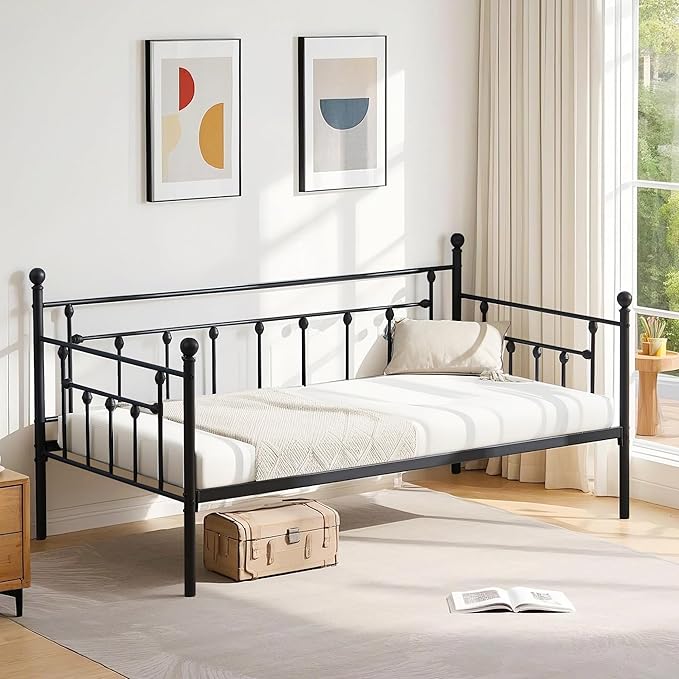 VECELO Daybed Frame, Twin Size Metal Platform Bed with Headboard,Heavy Duty Steel Slats Support for Living Room Bedroom Guest Room, Easy Assembly