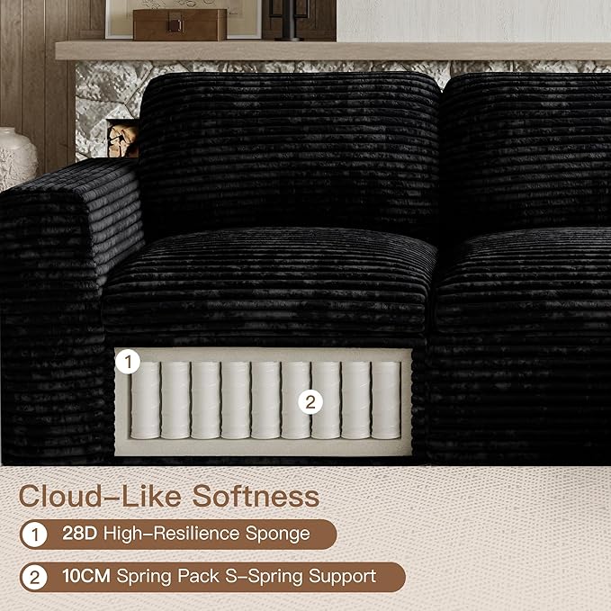 Plush Corduroy Cloud Sectional Couches for Living Room Boneless Modular Sectional Sofa Convertible 3-Seater L Shaped Couch with Ottoman. Black Sofa.
