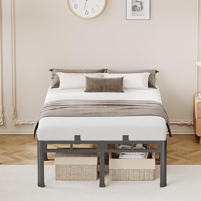 20 Inch Cal King Bed Frame, Double Layer Heavy Duty Metal Bedframe 4000 lbs Capacity, Platform Bed Frames with Headboard Holes, Round Corner Legs, Mattress Slide Stopper, Easy Assembly，