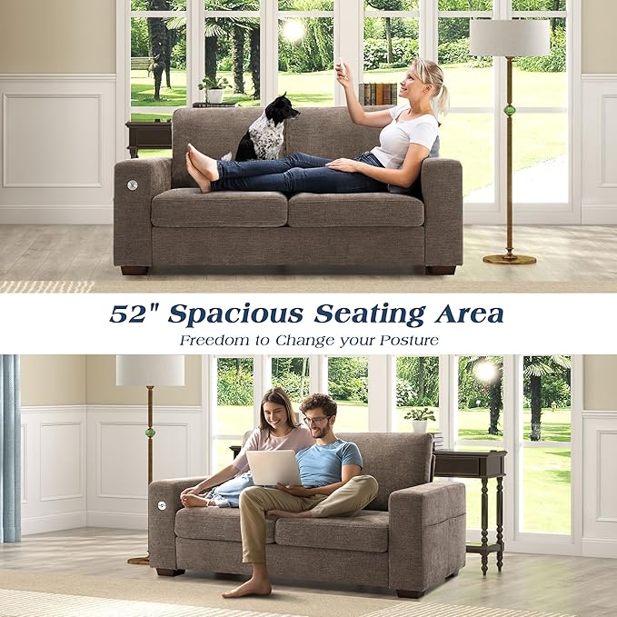 WorthFurni Sofas for Living Room, Chenille Loveseat Couch Set, Small Sofa, 3 Seater Sofa, USB Charging, Removable Sofa Cover,Solid Wood Frame, Easy to Install(70inch,Brown)