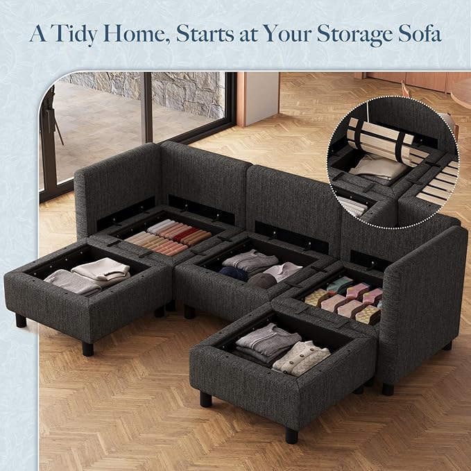 Belffin 84.3" 5 Seats U Shaped Couch Modular Sectional Sofa Washable Sectional Couches for Living Room Comfy Couches with Storage Seat Couch Sofas with Chaise,Dark Grey