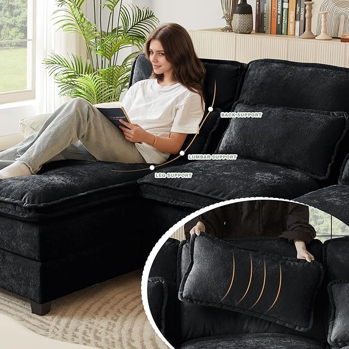 112" Modular Sectional Sofa, U Shaped Comfy Cloud Couch with Double Chaise and Padded Armrests, Modern Deep Seat Sectional Couches for Living Room, Apartment, Office, Black