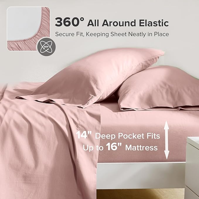 Comfort Spaces 100% Cotton Sheets Queen, Breathable & Ultra Soft Cotton Sheets, Naturally Cool Cotton Bed Sheets with 14" Elastic Pocket Fits up to 16" Mattress, All Seasons Sheet Set, Pink 4 Piece