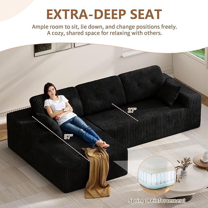 Ball & Cast 106" Modular Sectional Sofa, Cloud Corduroy Couch with Deep Seat, Boneless L-Shaped Sectional, Upholstered Modular Sofa for Living Room, No Assembly Required (Black, Left Facing Chaise)