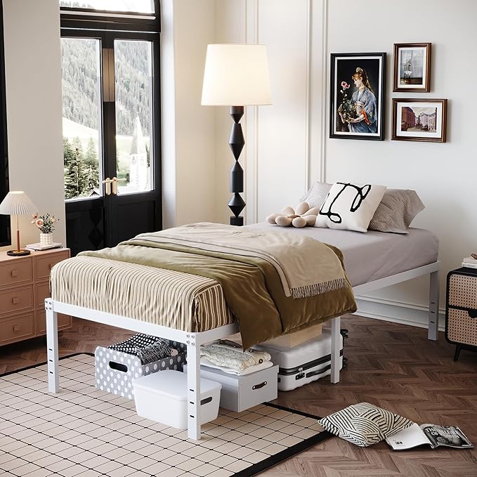DiaOutro 18 Inch Twin XL Bed Frame Heavy Duty No Box Spring Needed Metal Platform with Maximum Storage, Easy to Assembly, Noise Free, White