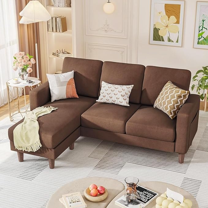 Homall Convertible Sectional Sofa 3 Seat L Shaped Couch with Side Storage Pocket, Sofas with Movable Ottoman, Small Linen Couches for Living Room & Apartment (Linen Fabric, Brown)