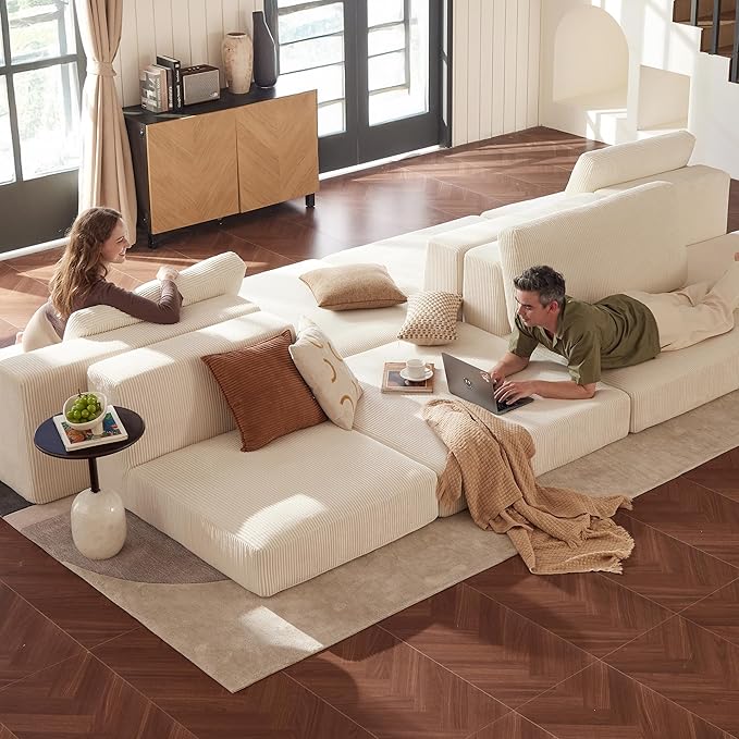 Modular Sectional Sofa, 120.47" Modern Cloud Couch Sectional Sofa with L-Shaped Chaise Comfy Corduroy Fluffy Couch with Deep Seat Boneless Couches for Living Room Bedroom, White