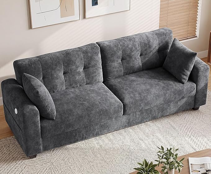 87" Loveseat Sofa for Living Room, Modern Chenille Cloud Couch with USB/Type-C Charging Ports, Side Pockets, Removable Cover, Wide Armrests, Small Couch for Small Space, Easy Assembly, Grey
