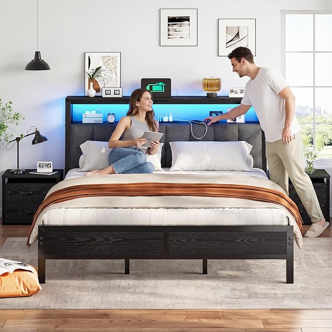 Homkdom King Size Bed Frame with Smart LED Lights, Upholstered Headboard with Charging Station Type C, Metal Platform with 12" Under-Bed &2-Tier Storage Shelves, No Sliding, Noiseless, Black