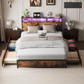 VINGLI Full Platform with 4 Storage Drawers and Headboard, Metal Double Bed with Charging Station and LED Lights, No Box Spring Needed, Noise Free, Easy Assembly, Vintage Brown