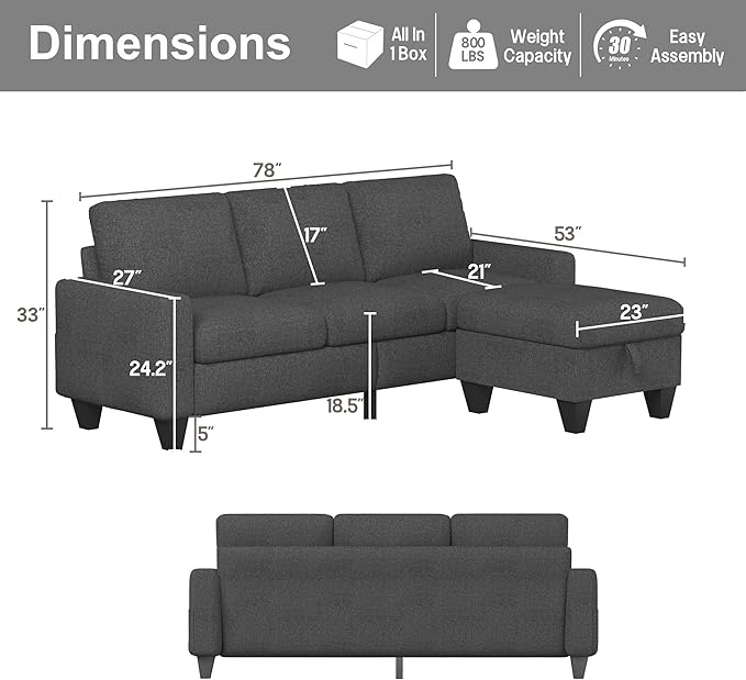 ZeeFu Couch for Living Room - 78'' Beige Linen 3 Seat L-Shaped Sectional Sofa Couches with Storage Ottoman - Modern Small Space Upholstered Furniture Sofa Set for Office Small Space Apartment