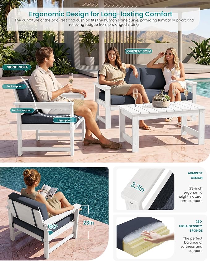 SERWALL HDPE Outdoor Loveseat with Cushions, All Weather Use Outdoor Loveseat Sofa, White Frame/Grey Cushion
