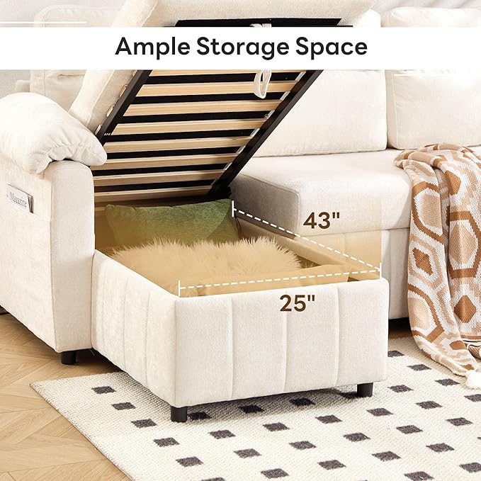 Tbfit 108'' Pull Out Sofa, Cloud Sleeper Sofa Bed with USB & 2 Storage Chaises, Comfy Oersized U Shaped Convertible Sectional Sleeper Couches for Living Room, Apartment, Office, White Sherpa