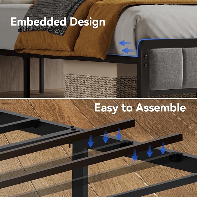 BedsPick Twin Bed Frame with Headboard, Metal Platform Bed Twin Size with 2-Tier Storage and Ergonomic Velvet Headboard, Charging Station, Smart LED Lights, Easy Assembly, No Box Spring Needed