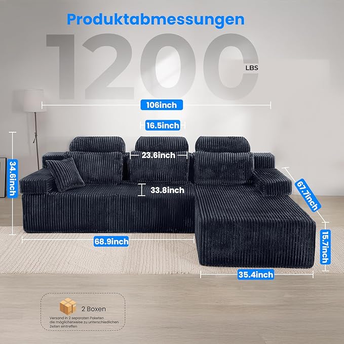 69’’ Loveseat Couch with High Backrest, Small Modular Sectional Sofa, Cloud Corduroy, Boneless Couches for Living Room(Dark Grey)