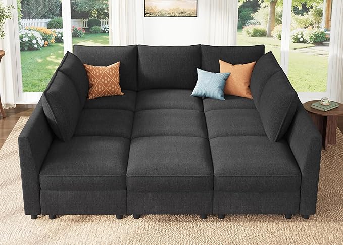 HONBAY Modular Sectional Sleeper Sofa with Storage, Modular Convertible Sectional Couch Bed Module Sleeper Couches for Living Room - Linen Grey