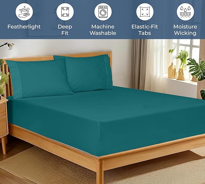 Royale Linens 100% Organic Cotton Fitted Sheet - Percale Weave - Super Soft Deep Pocket Bottom Sheets - Elastic Sheet Twin Size - Twin Fitted Sheets Only - (39"x75"+15", Teal)