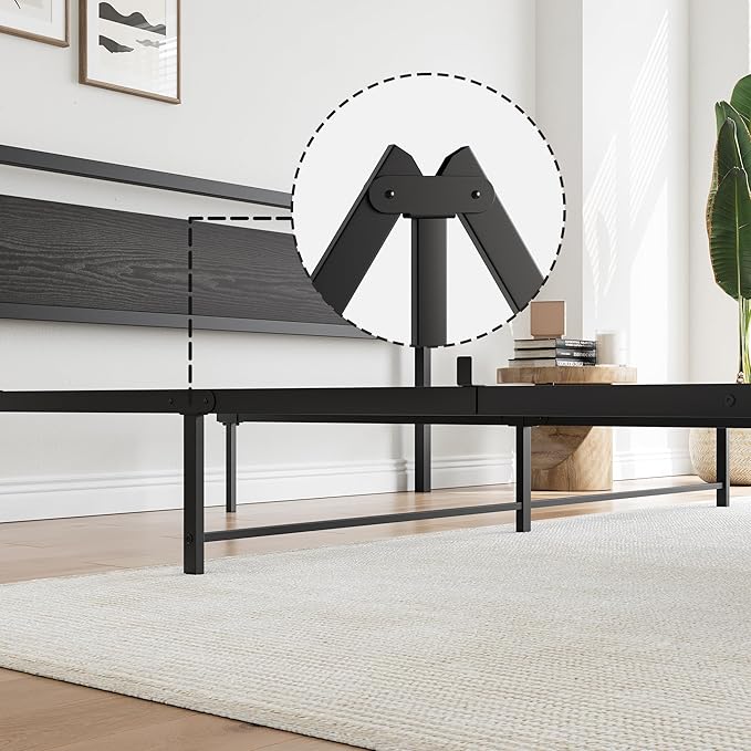 BOFENG Black King Size Bed Frame with Wood Headboard,Industrial Metal Platform Bed Frame King Size with Storage No Box Spring Needed,Strong Steel Slats Support,Easy Assembly