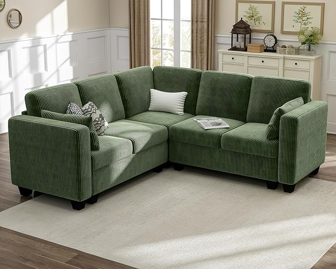 CHIC HOUSE Modular Corner Sectional Sofa with Storage, Corduroy L-Shaped Couch, Compact Small Space Furniture for Living Room & Apartment (Green, 5 Seater L-Shaped)