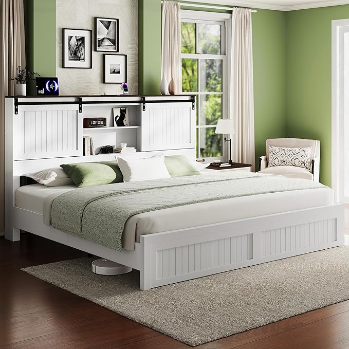 King Size Bed Frame with Storage Headboard, Sliding Barn Door, Wood Platform Bed with Reading Light and Charging Station, Wood Slats Support, Easy Assembly, Noise-Free, Antique White
